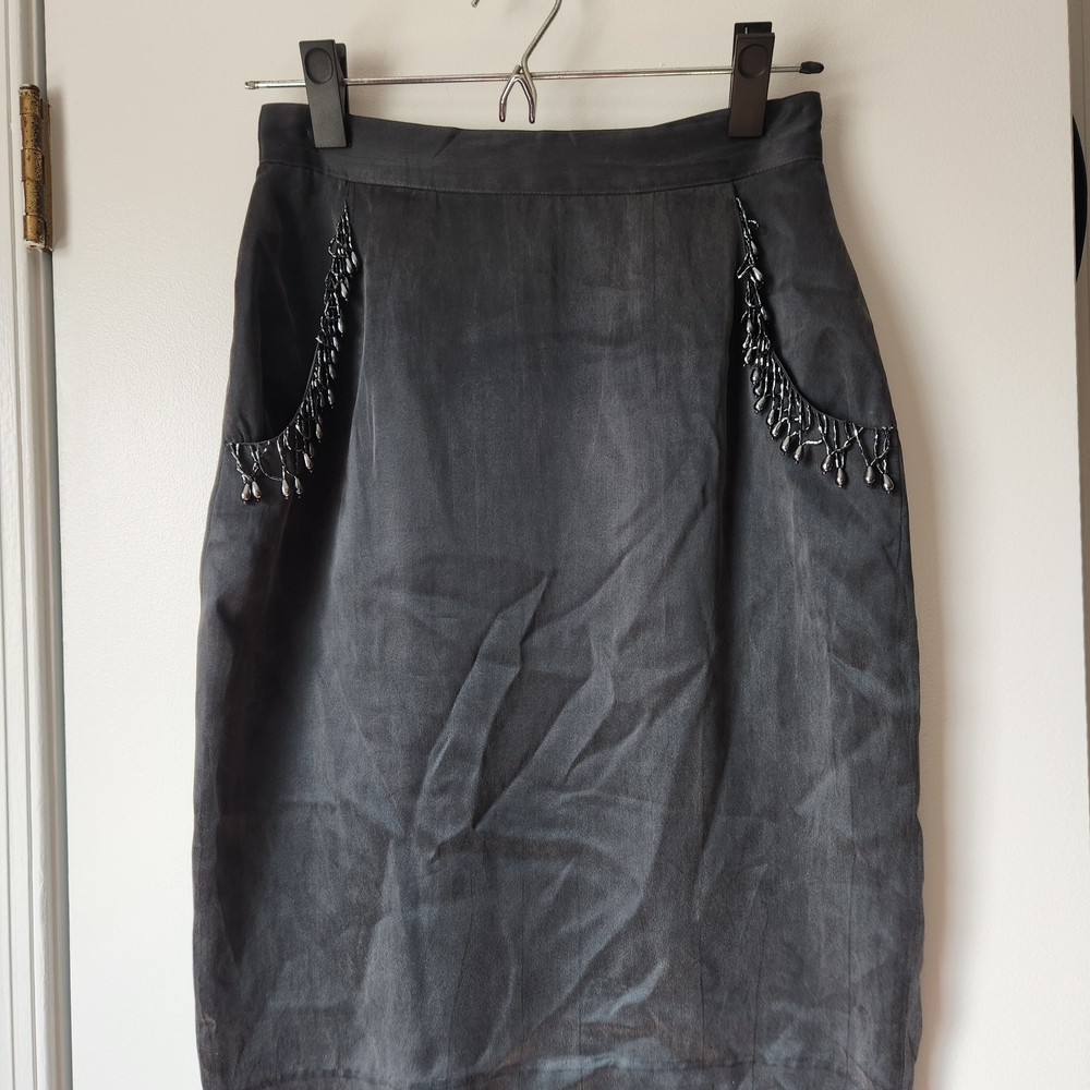 Vintage CACHÉ Silk Pencil Skirt 4 Black Beaded Sequin Formal Whimsigoth Y2K Luxe